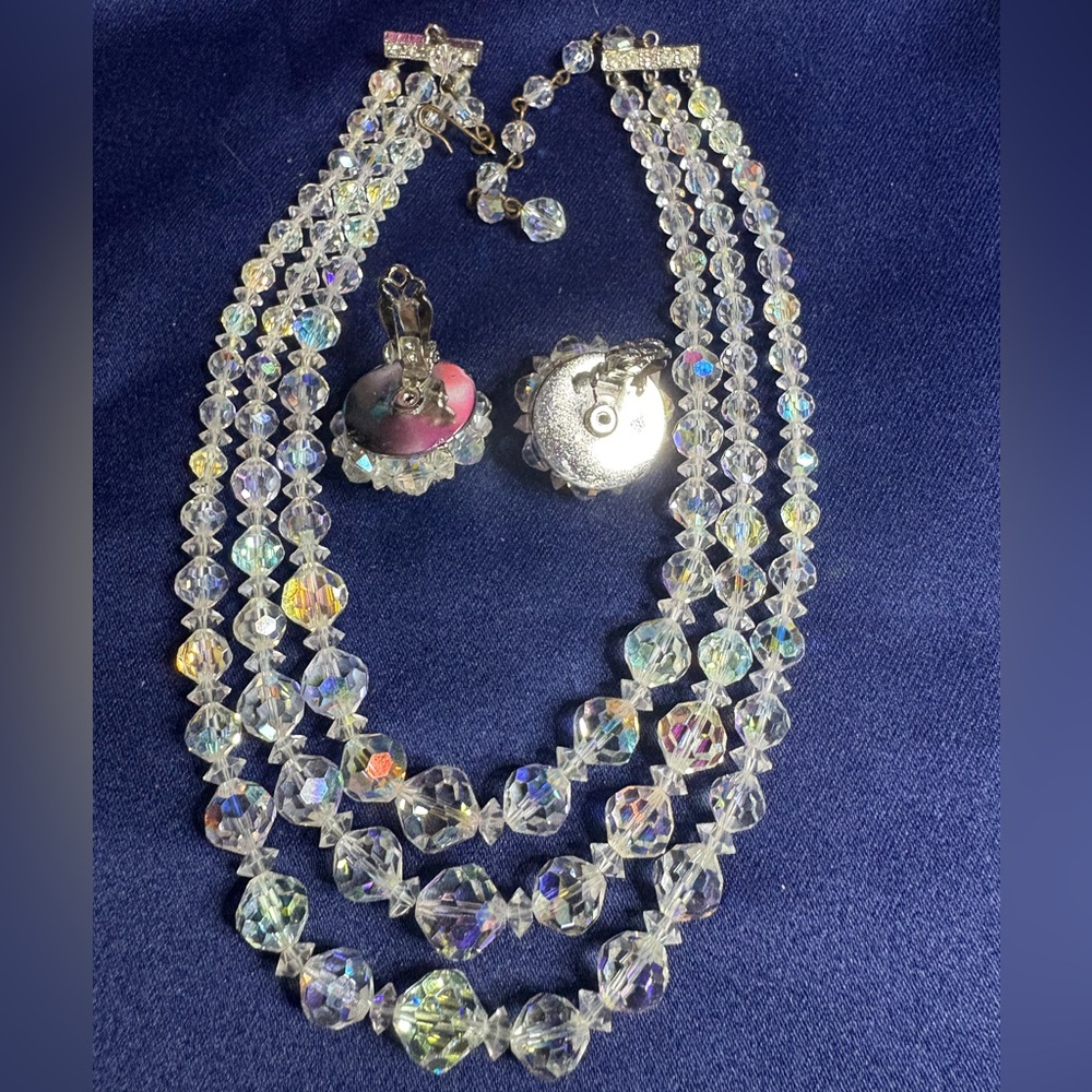 Vintage Laguna B Aurora Borealis Crystal 3 Strand Necklace w/Clip Earrings - Picture 3 of 9
